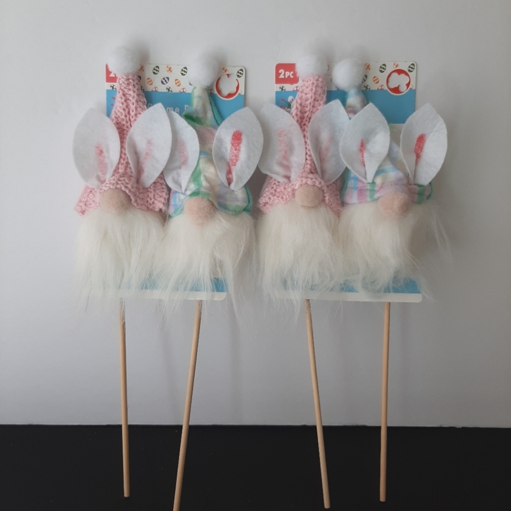 Set of 2 Easter Bunny Gnomes Garden Stakes Pastel Pink Blue Spring Decor NEW
